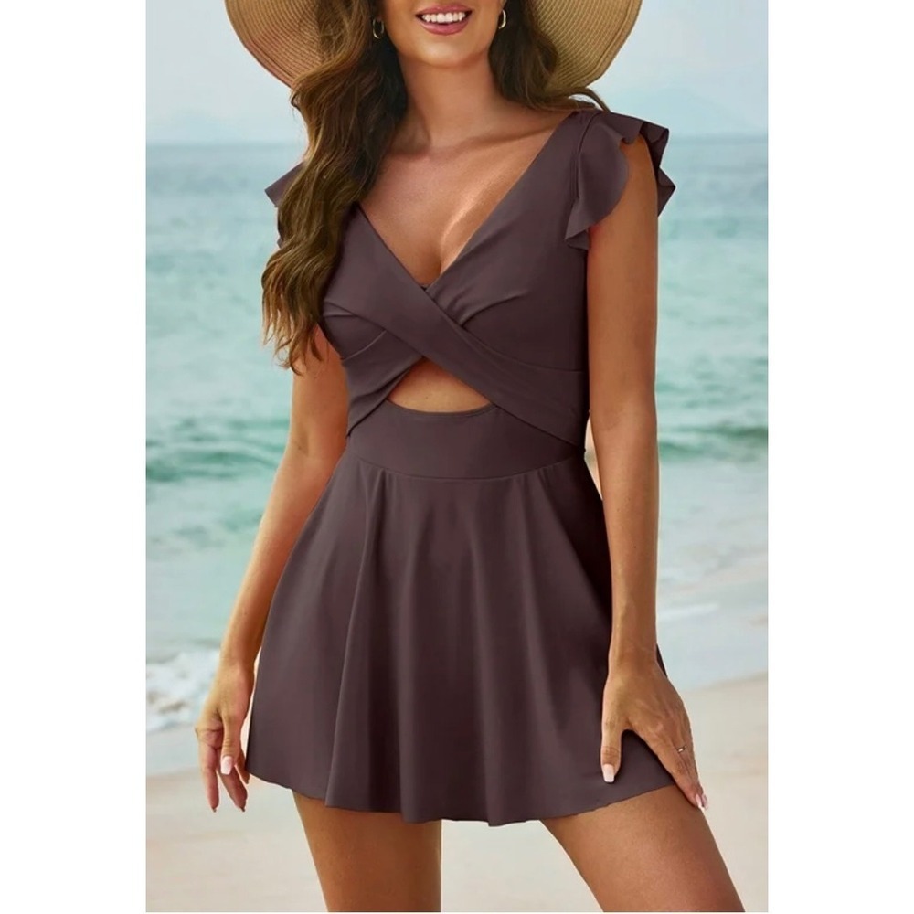 NEW Cupshe Brown Ruffled Swim Dress Skirted One Piece‎ Swimsuit Size Medium